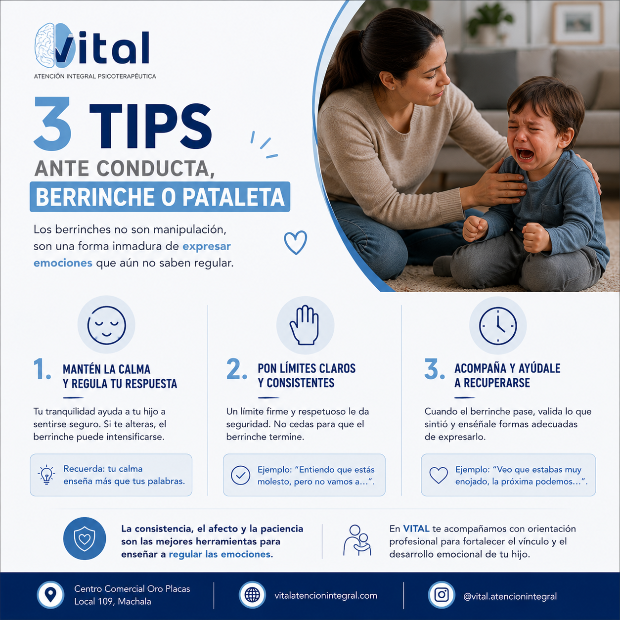 3 tips para manejar berrinches o pataletas en niños, acompañada por la imagen de una madre consolando a su hijo.